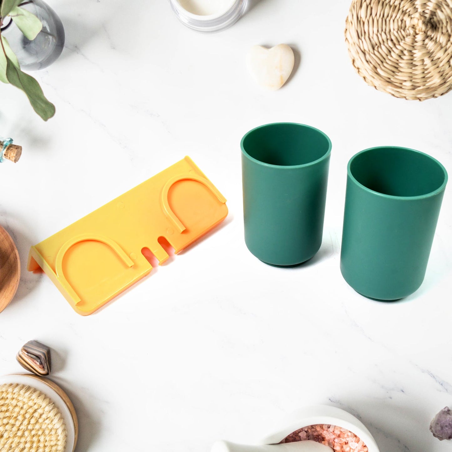 Multipurpose Wall Mount Toothbrush Holder Plastic Stand With 2 Cup (1 Set)