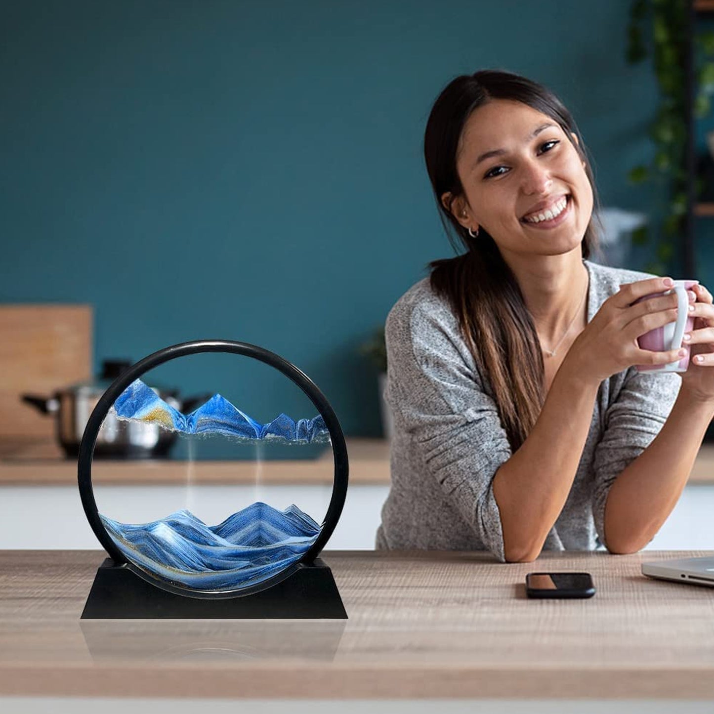 8781 Moving Sand Art Picture Decor 3d Deep Sea Sandscape Liquid Motion Round Glass Frame Display Flowing Sand Relaxing Gift For Kids Adults Painting Artistic Sandscape For Home Office Ornament Desktop Art Bookshelves Decoration (1 Pc )