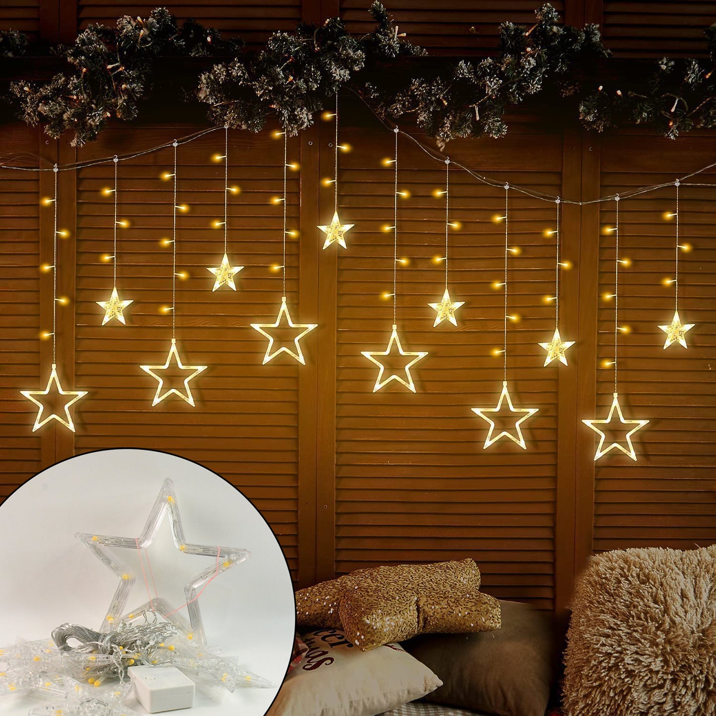 3385 12 Stars Led Curtain String Lights With 8 Flashing Modes For Home Decoration Diwali Wedding Led Christmas Light Indoor And Outdoor Light Festival Decoration (Warm White)