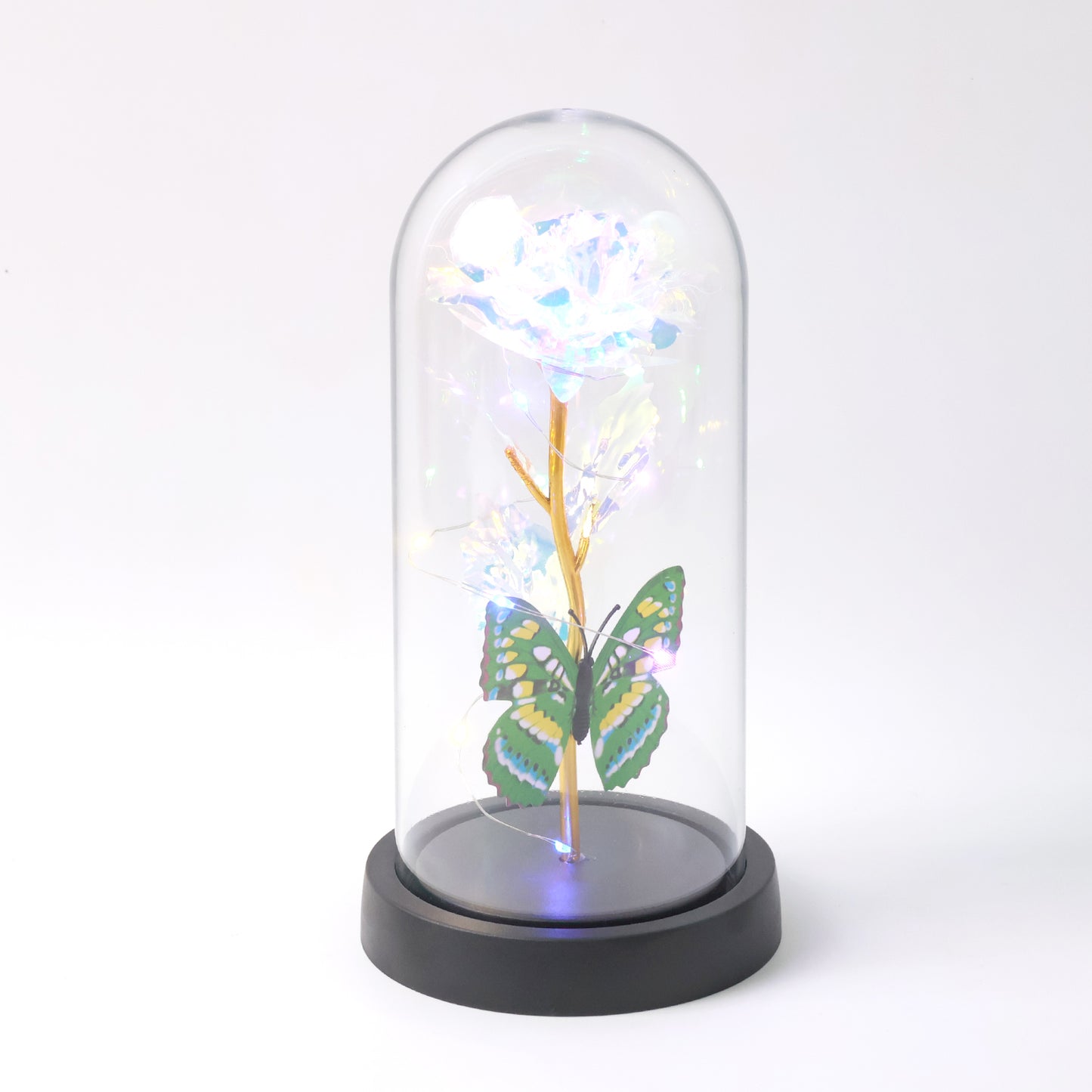 Led Light-up Eternal Rose With Butterfly In Transparent Dome (1 Pc Battery Not Included)