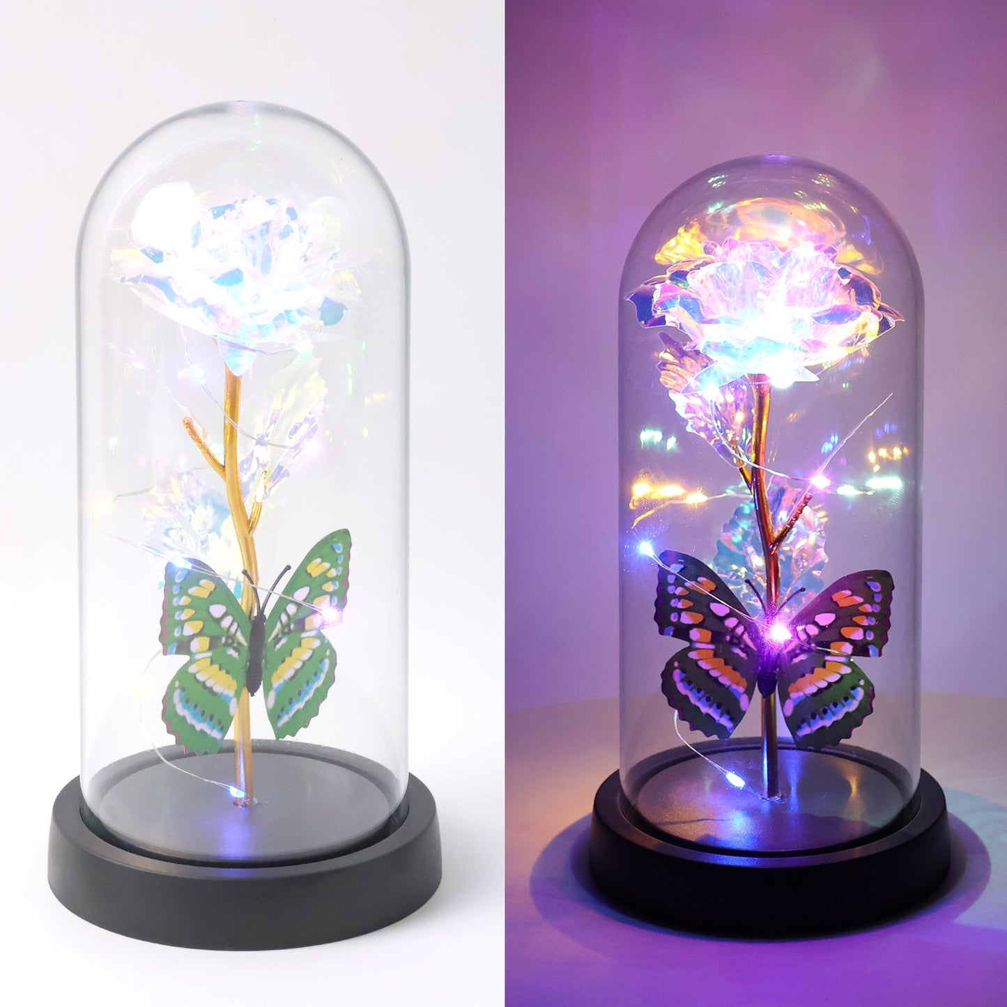 Led Light-up Eternal Rose With Butterfly In Transparent Dome (1 Pc Battery Not Included)