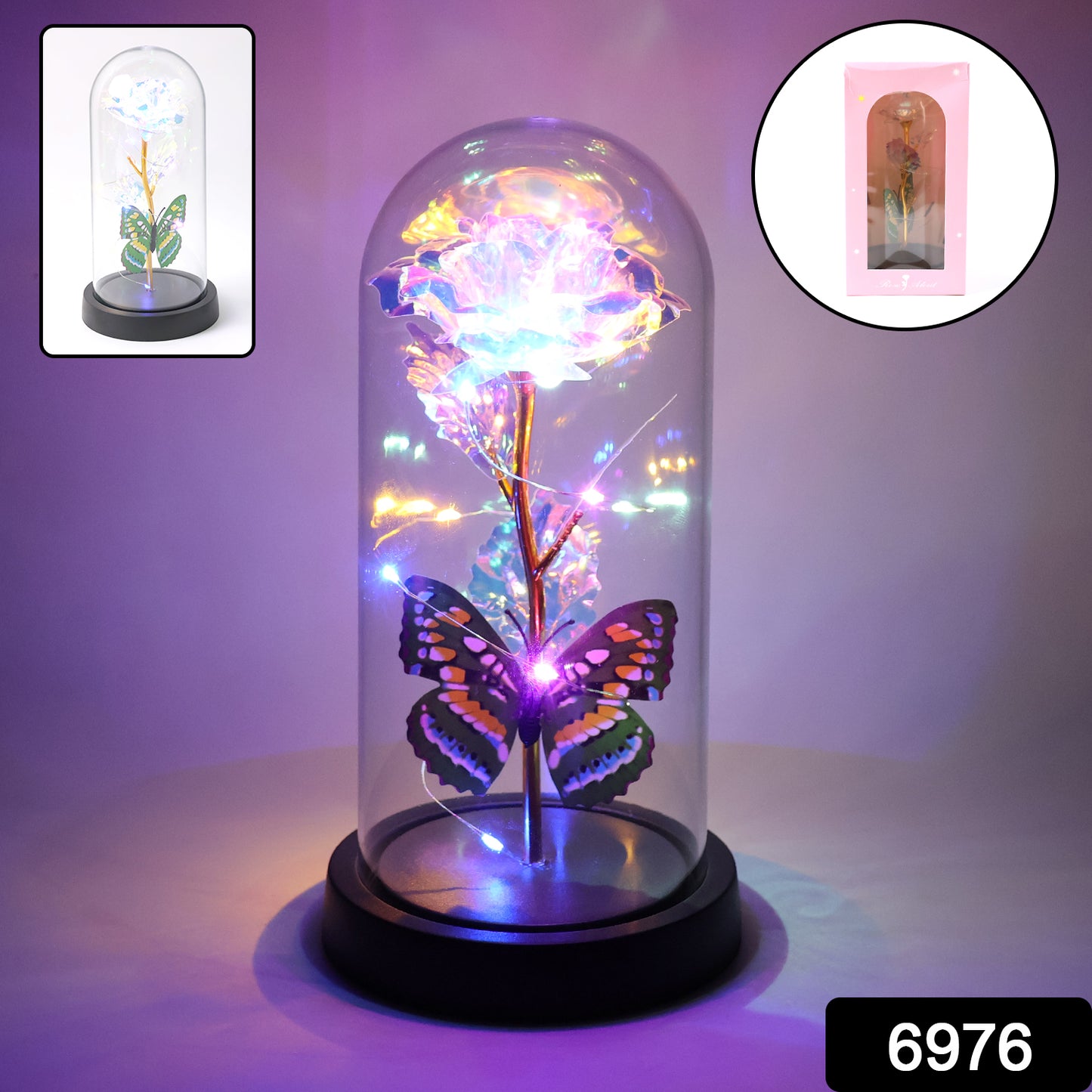 Led Light-up Eternal Rose With Butterfly In Transparent Dome (1 Pc Battery Not Included)