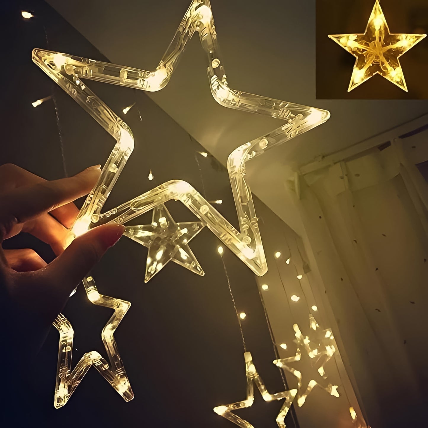 3385 12 Stars Led Curtain String Lights With 8 Flashing Modes For Home Decoration Diwali Wedding Led Christmas Light Indoor And Outdoor Light Festival Decoration (Warm White)