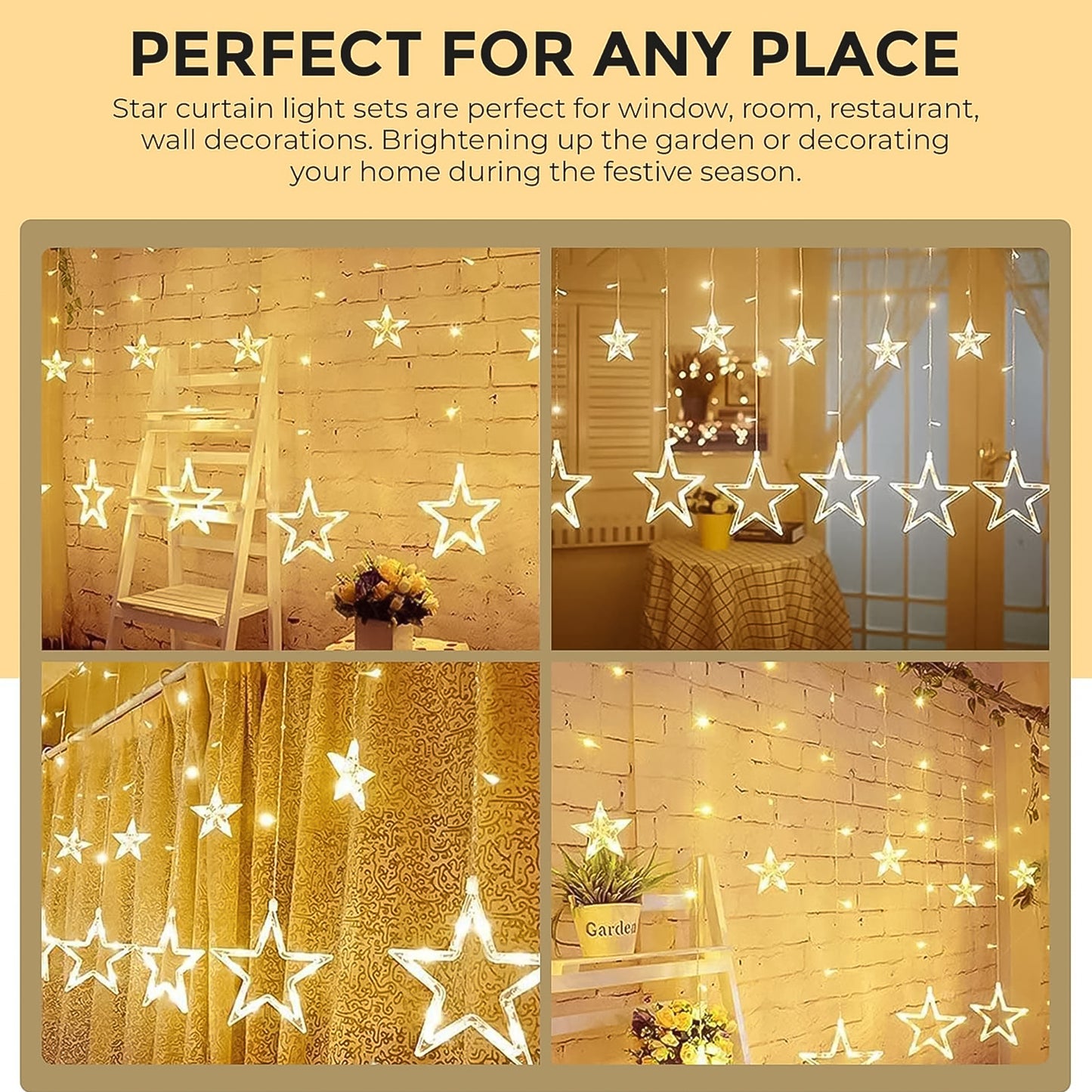 3385 12 Stars Led Curtain String Lights With 8 Flashing Modes For Home Decoration Diwali Wedding Led Christmas Light Indoor And Outdoor Light Festival Decoration (Warm White)