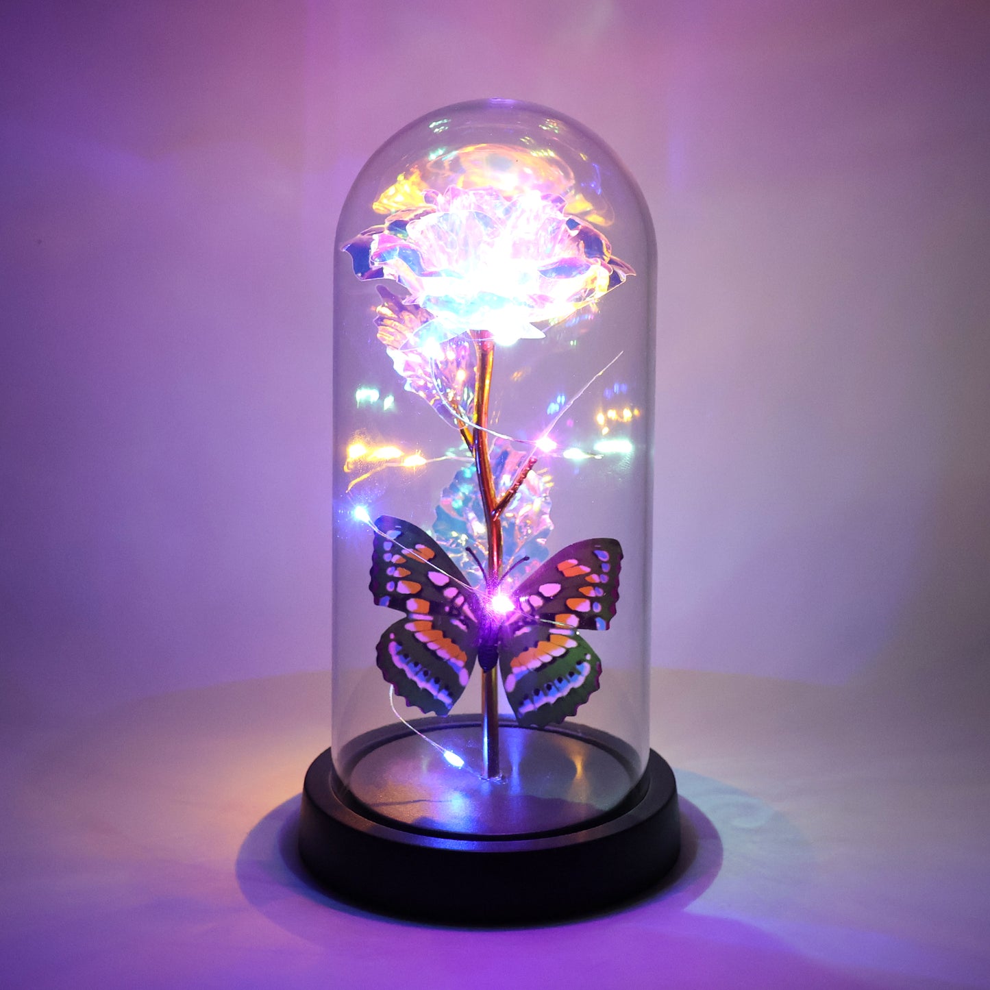 Led Light-up Eternal Rose With Butterfly In Transparent Dome (1 Pc Battery Not Included)