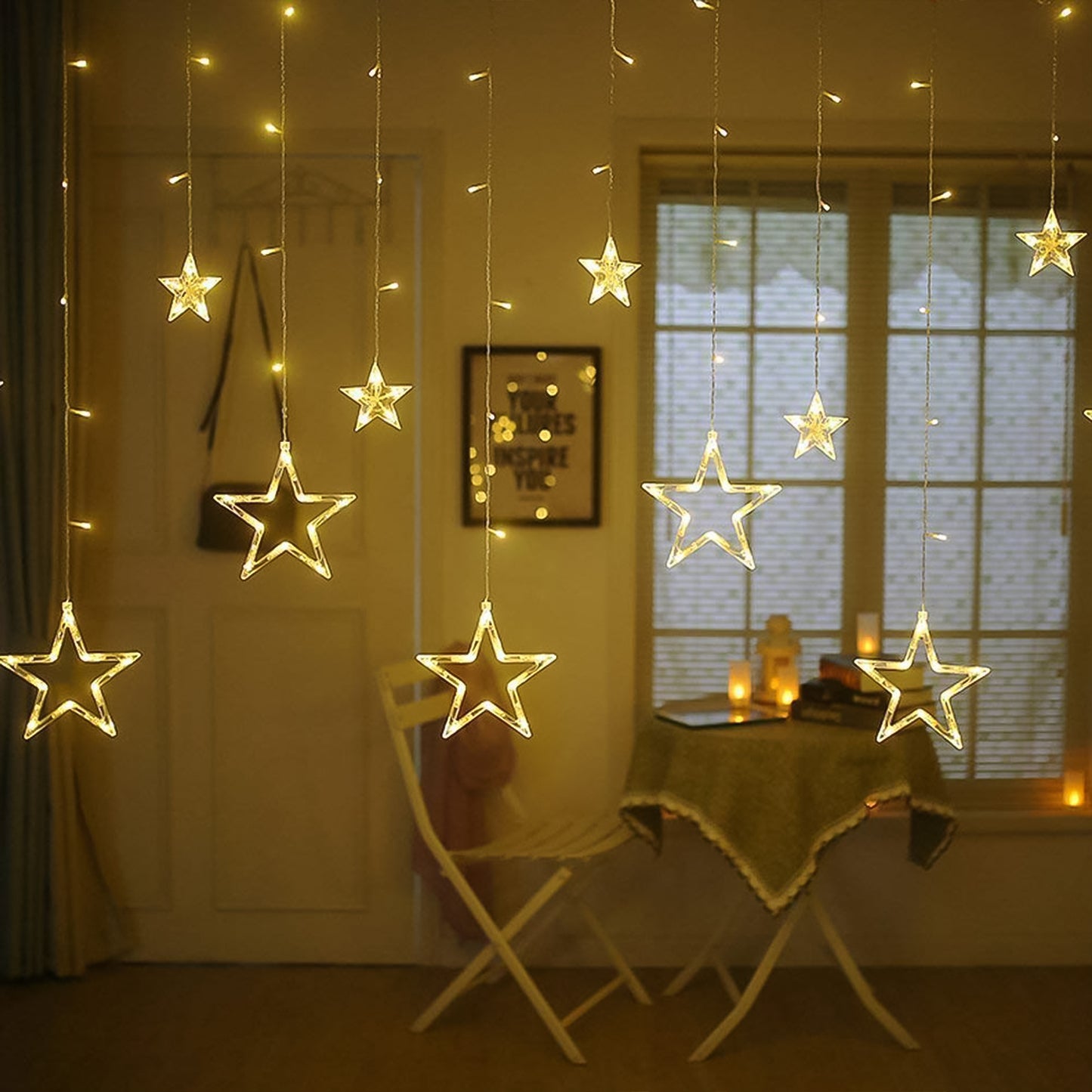 3385 12 Stars Led Curtain String Lights With 8 Flashing Modes For Home Decoration Diwali Wedding Led Christmas Light Indoor And Outdoor Light Festival Decoration (Warm White)