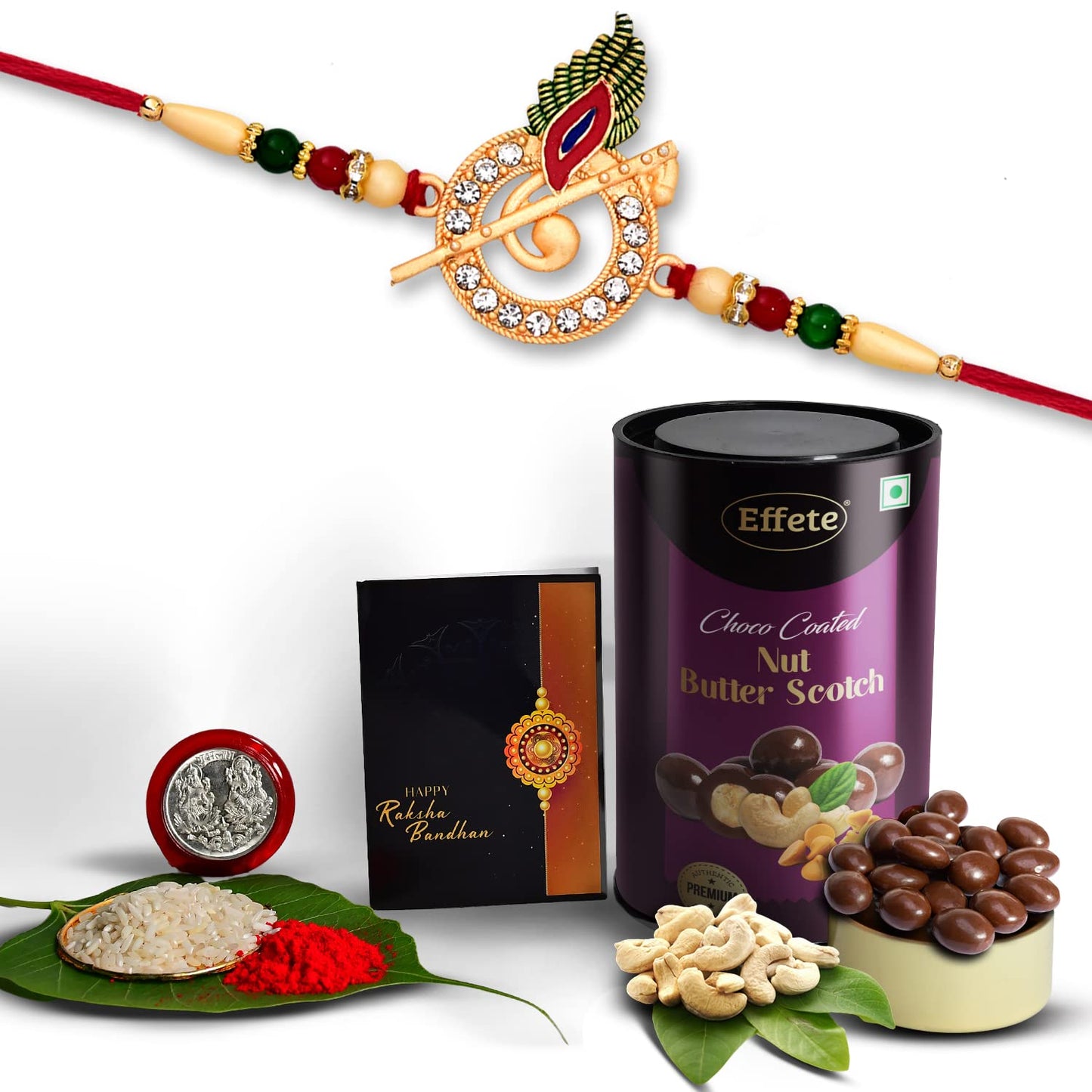 Krishna Flute Rakhi With Choco Nut Butterscotch Coin Tilak  Greeting Card Combo