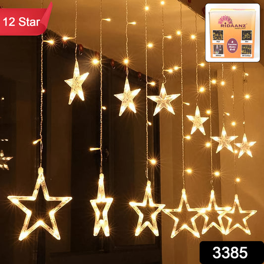 3385 12 Stars Led Curtain String Lights With 8 Flashing Modes For Home Decoration Diwali  Wedding Led Christmas Light Indoor And Outdoor Light Festival Decoration  (Warm White)